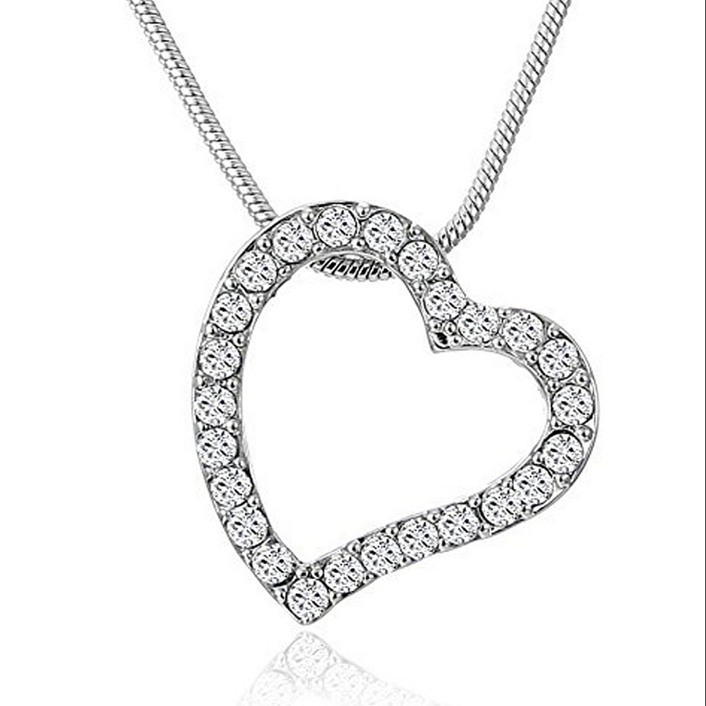 Made w/ Swarovski Crystals Open Heart Pendant Necklace  snake chain in Silver